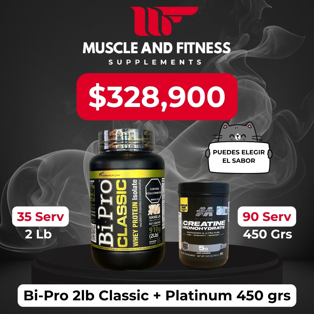 Combo BiPro 2 lb + Creatina Muscletech Platinum 450 g – Aumenta fuerza y masa muscular