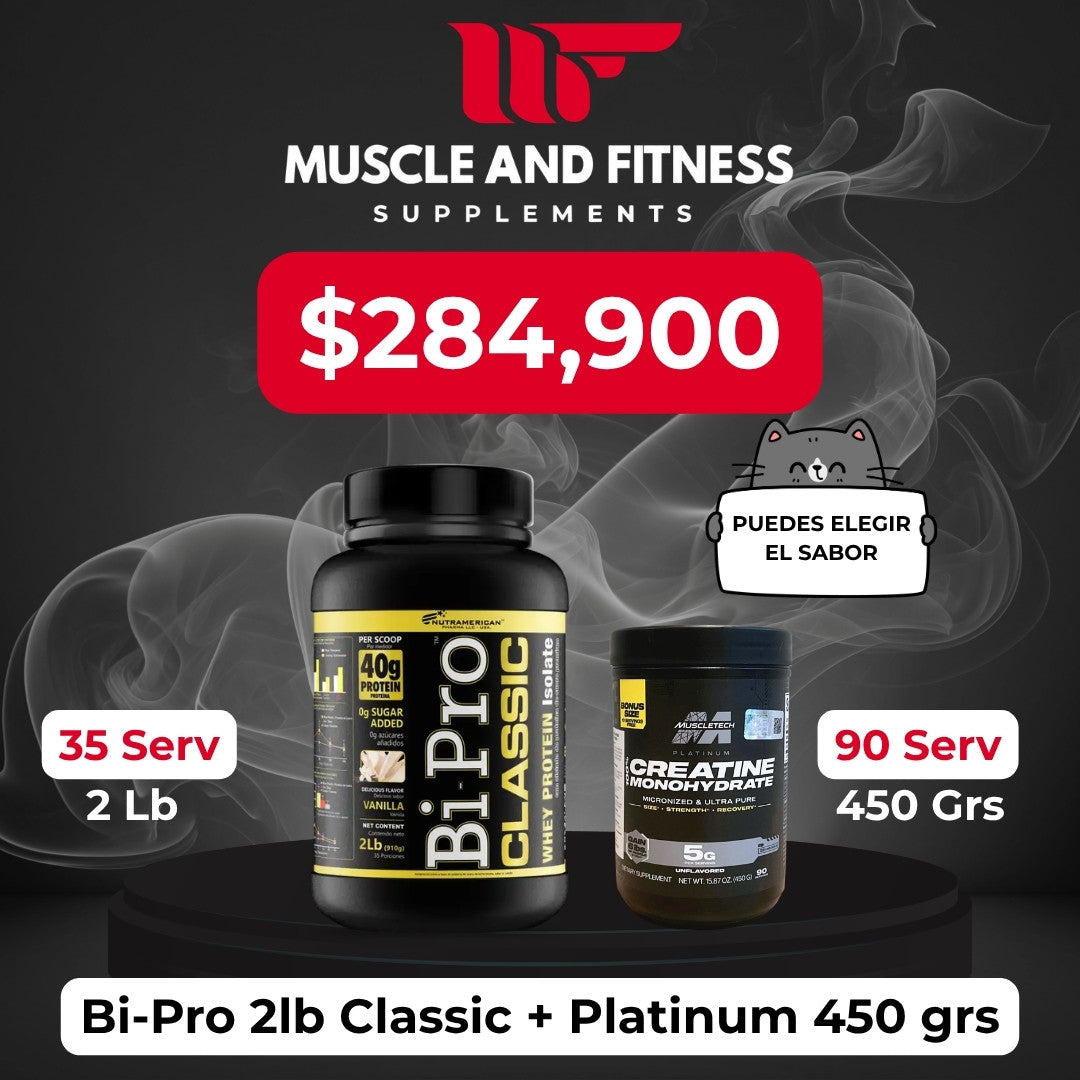 Combo BiPro 2 lb + Creatina Muscletech Platinum 450 g – Aumenta fuerza y masa muscular