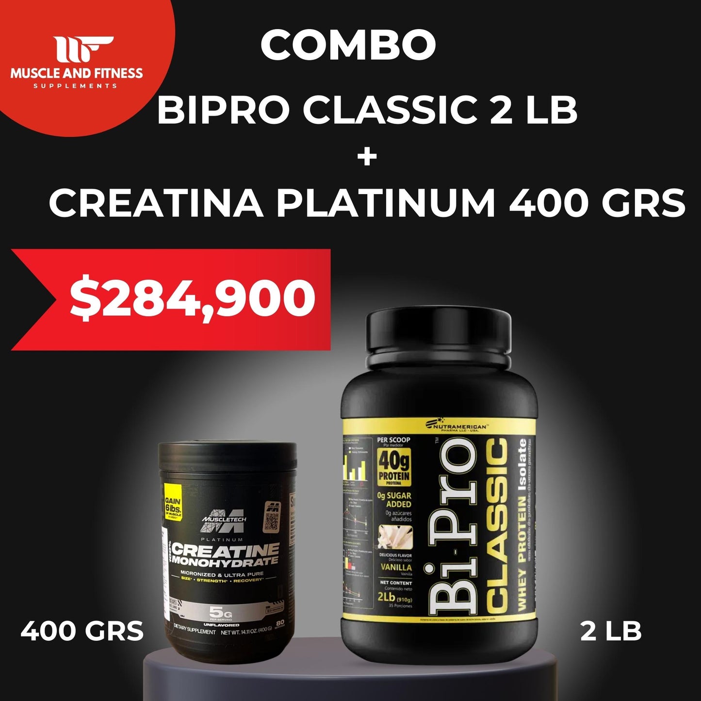 Combo BiPro 2 lb + Creatina Muscletech Platinum 400 g – Aumenta fuerza y masa muscular