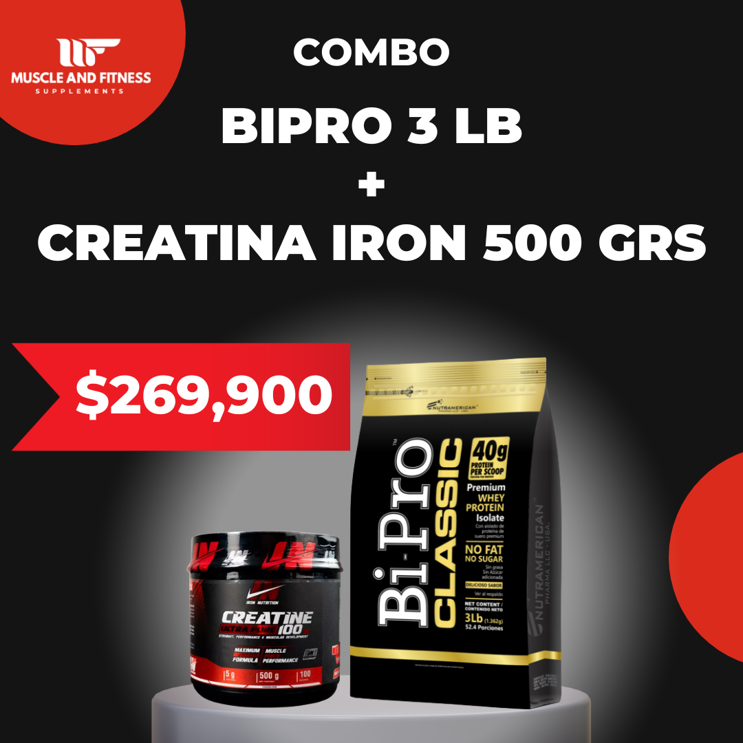 Combo BiPro 3 lb + Creatina Iron 500 g – Aumenta masa, fuerza y recuperación muscular