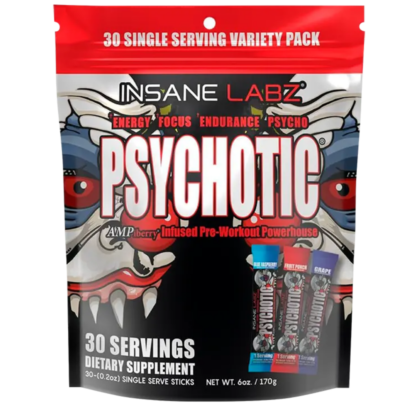 Psychotic rojo – Pack x30 Unidades (Frambuesa Azul, Ponche de Frutas y Uva)