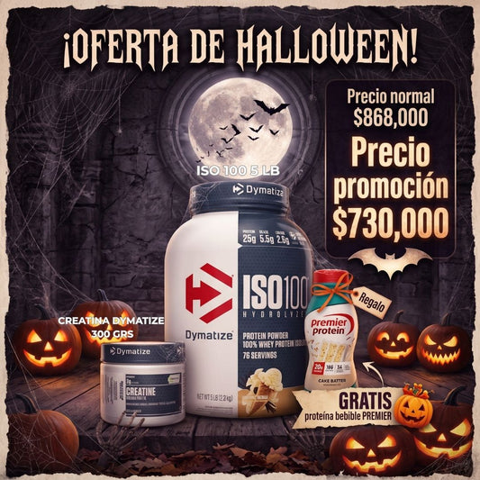 Combo Halloween: ISO 100 Dymatize 5 lb + Creatina Dymatize 300g (Sello Creapure) + Premier Protein GRATIS