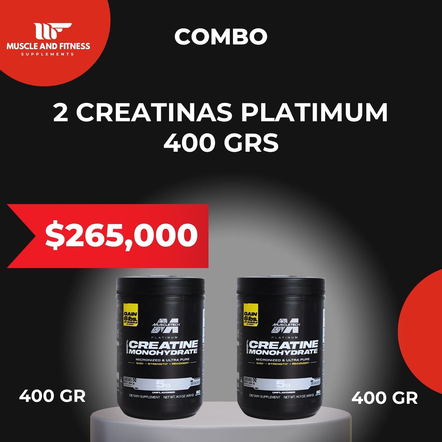 Combo 2 Creatinas Muscletech Platinum 100% Creatine 400 g – Aumenta fuerza, masa y resistencia
