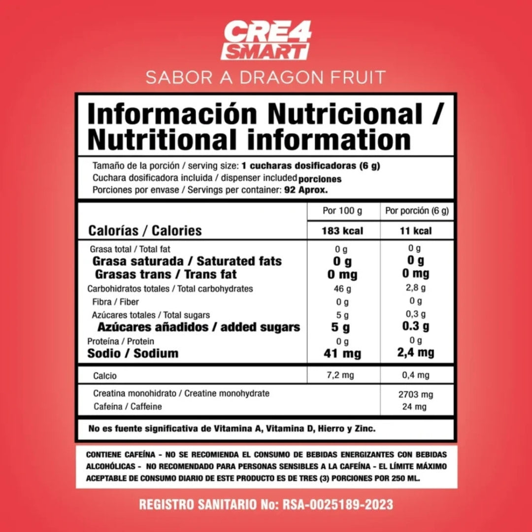 CREA SMART | Creatina Monohidratada + Cafeína (Sabor Dragon Fruit)