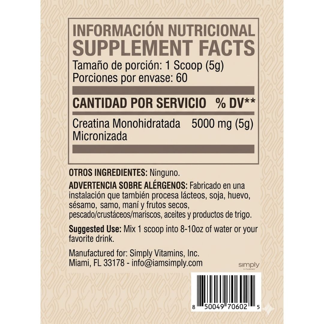 Creatina Simply Vitamins Micronizada 300g | 60 Servicios
